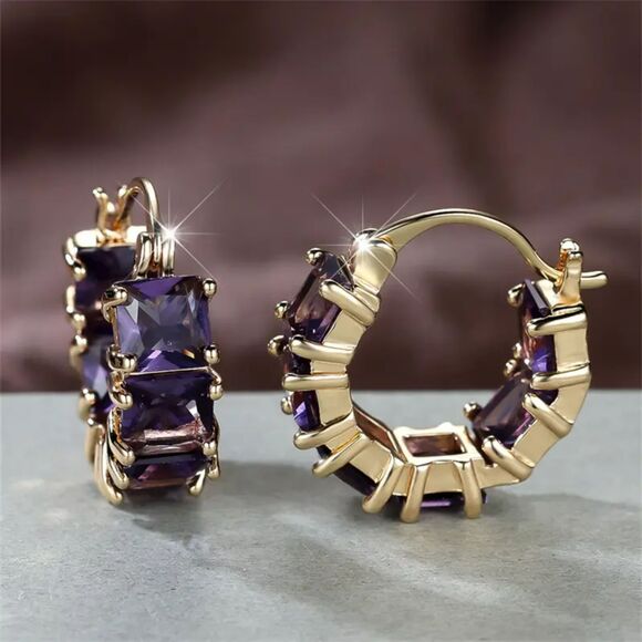 "Florence" Purple Princess Cut Amethyst CZ Huggie Hoop Earrings - Picture 3 of 4